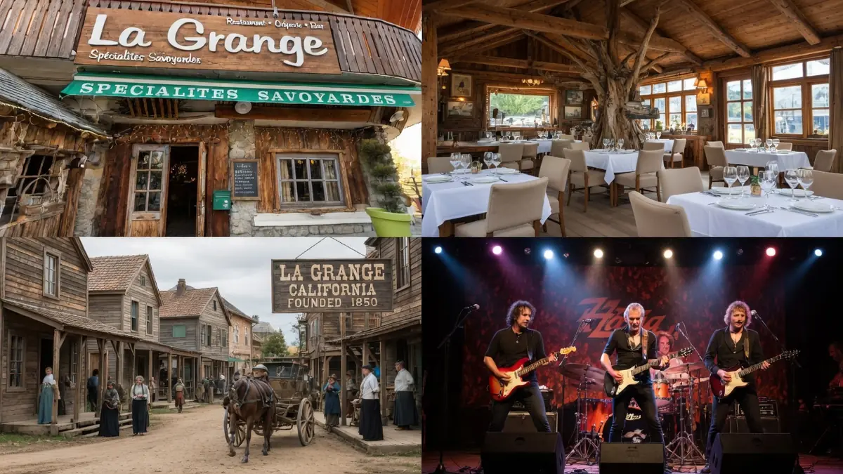 L'image montre la grange avec un chalet rustique, un restaurant chic, une rue ancienne et un concert de rock