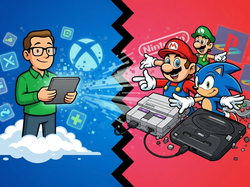 Illustration illustrant l'évolution historique et moderne de la guerre des consoles entre matériel rétro et cloud gaming