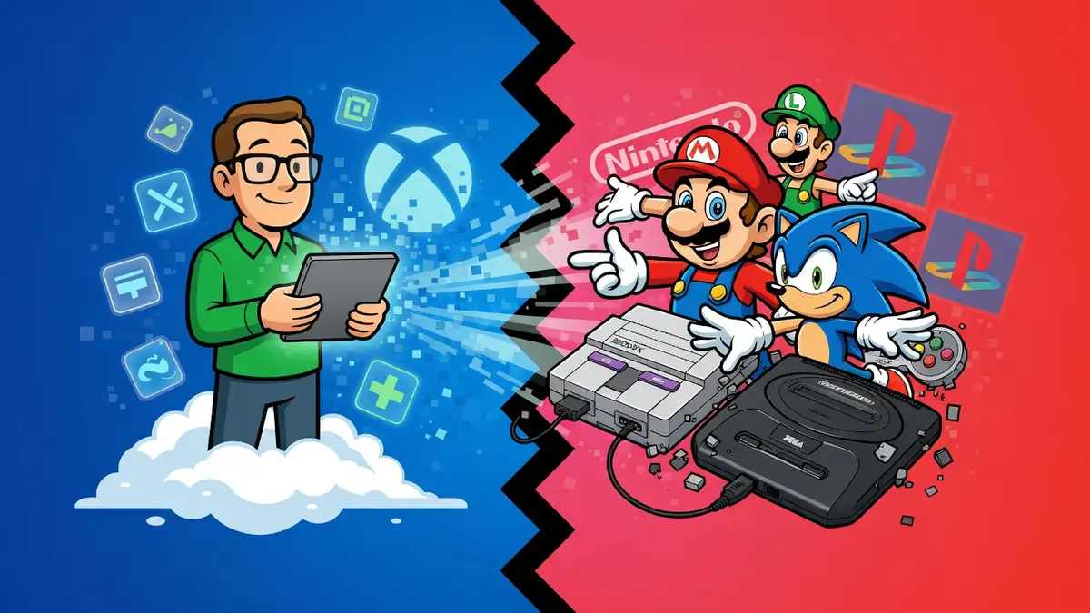 Illustration illustrant l'évolution historique et moderne de la guerre des consoles entre matériel rétro et cloud gaming