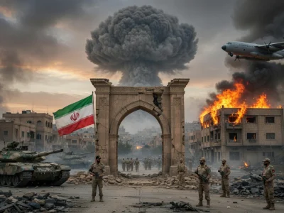 Scène de guerre Iran avec des soldats un tank et une explosion dans une ville détruite