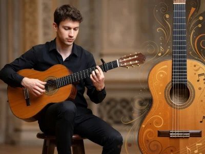 Thibaut Garcia joue de la guitare classique assis près d'une grande guitare illustrée