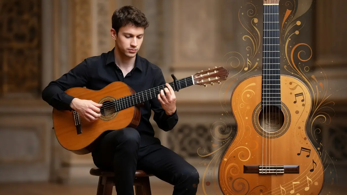 Thibaut Garcia joue de la guitare classique assis près d'une grande guitare illustrée