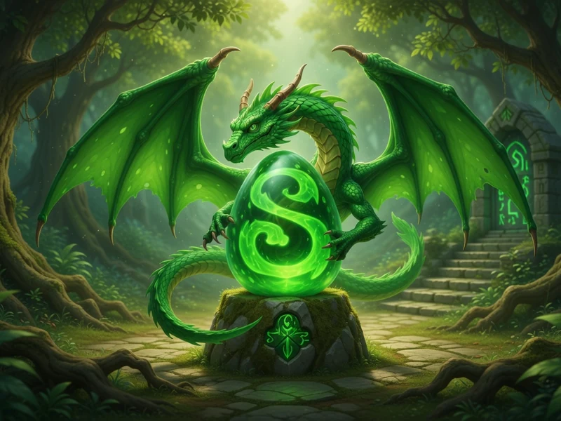 Un dragon vert protège le dofus Émeraude sur un rocher dans une forêt ancienne