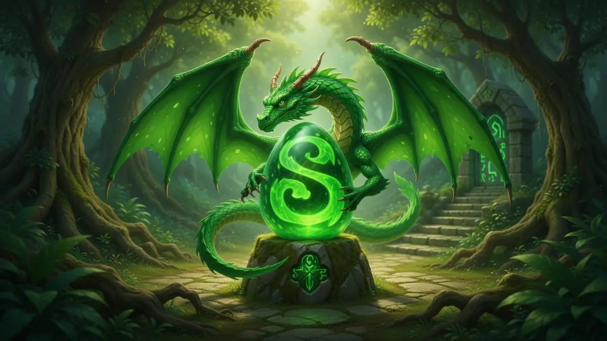 Un dragon vert protège le dofus Émeraude sur un rocher dans une forêt ancienne