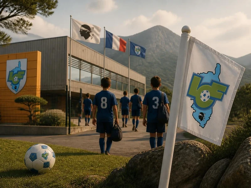 Jeunes joueurs de football marchant vers les locaux de la ligue de Football Corse sous un ciel ensoleillé