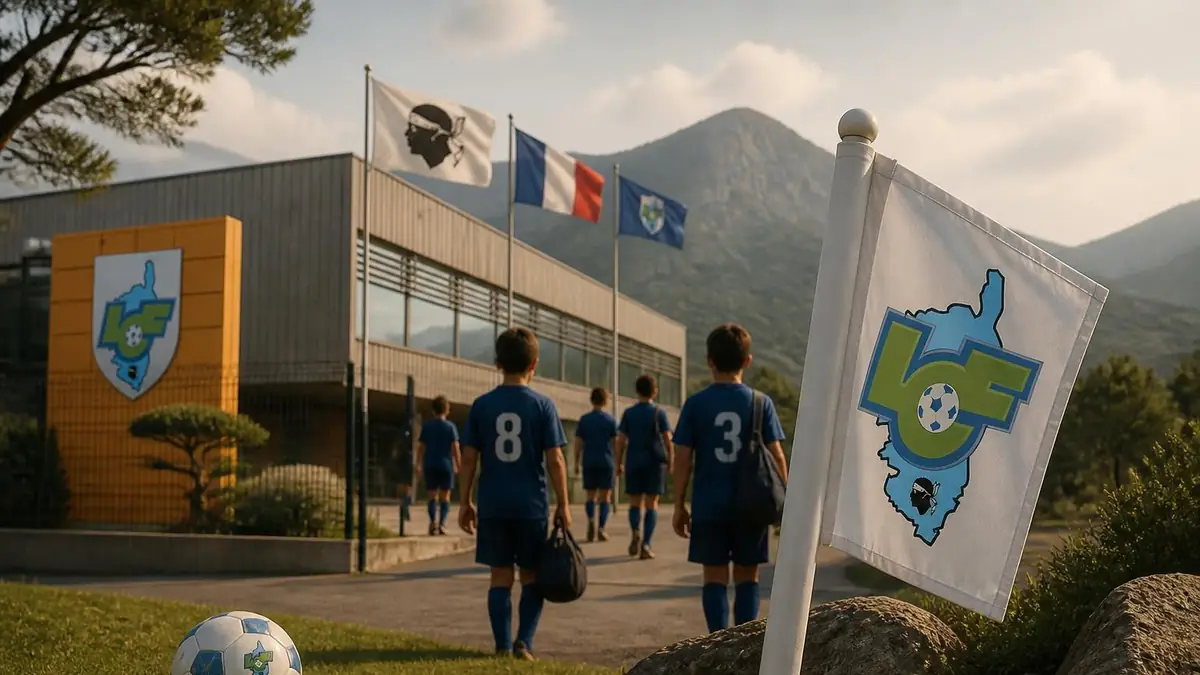 Jeunes joueurs de football marchant vers les locaux de la ligue de Football Corse sous un ciel ensoleillé