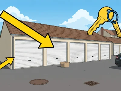 Des flèches et des clés indiquent des garages pour la location garage entre particuliers