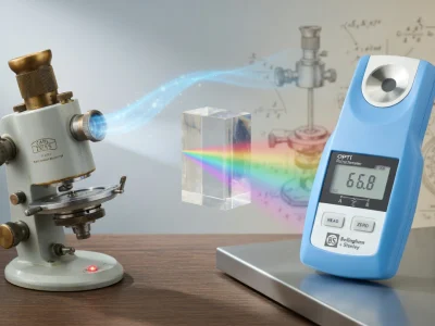 Un appareil ancien diffuse un spectre lumineux vers un réfractomètre portable bleu
