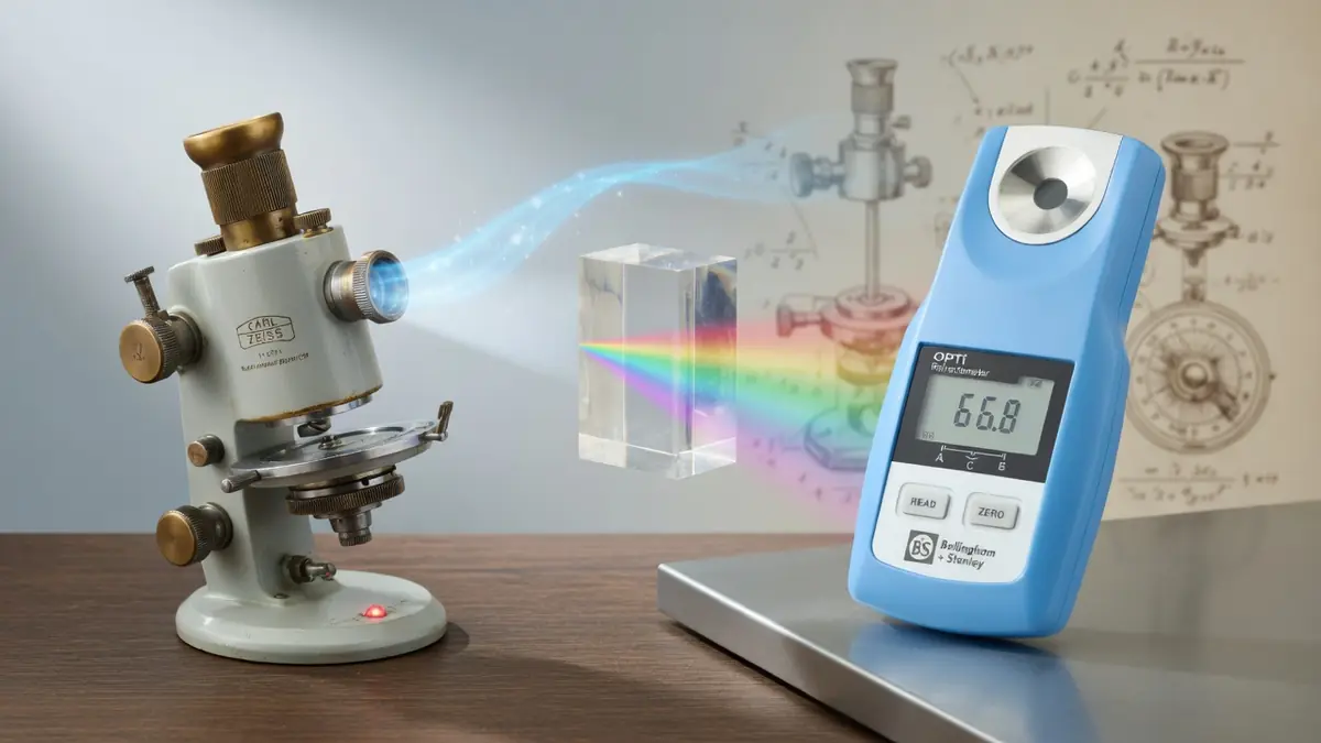 Un appareil ancien diffuse un spectre lumineux vers un réfractomètre portable bleu