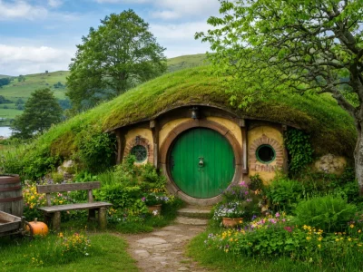 Une charmante maison Hobbit semi-enterrée nichée dans une colline verdoyante avec une porte ronde verte