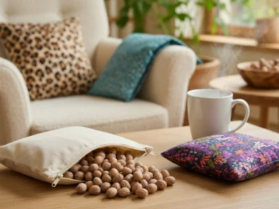 Un petit sac en tissu ouvert rempli de noyaux de cerise bouillotte posé sur une table en bois à côté d'une tasse fumante