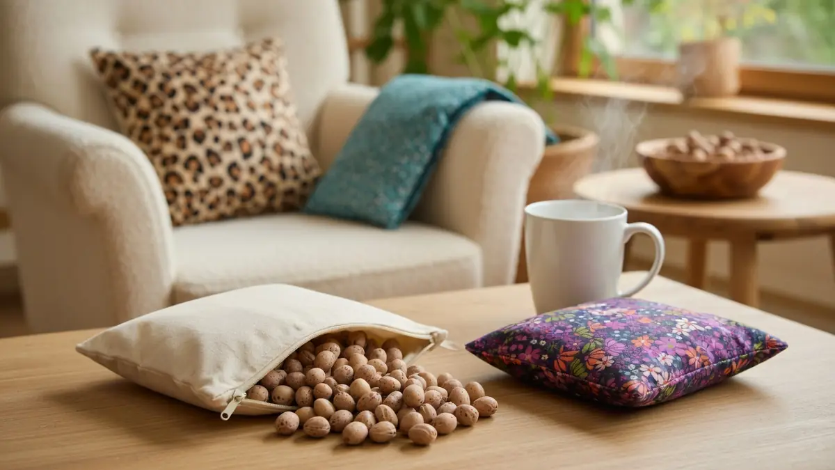 Un petit sac en tissu ouvert rempli de noyaux de cerise bouillotte posé sur une table en bois à côté d'une tasse fumante