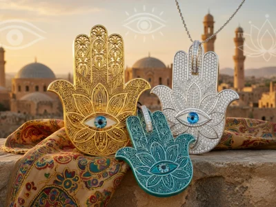 Trois pendentifs en forme de main de Fatma posés sur un muret avec une ville orientale en arrière-plan