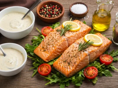 Pavés de saumon citronnés sur roquette avec sauces pour une recette au pavé de saumon