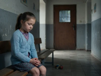 Une petite fille triste et isolée sur un banc dans un couloir sombre, évoquant l'histoire de La Maladroite