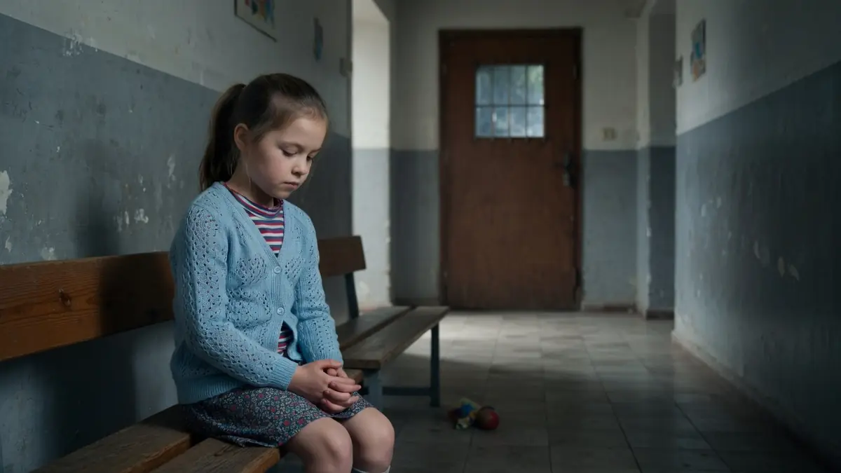 Une petite fille triste et isolée sur un banc dans un couloir sombre, évoquant l'histoire de La Maladroite