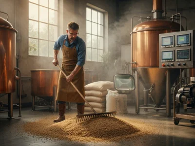 Un brasseur ratisse le grain devant la Malteuse dans l'atelier de brassage