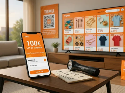 Un salon moderne avec smartphone et télévision illustrant l'usage du code promo Temu