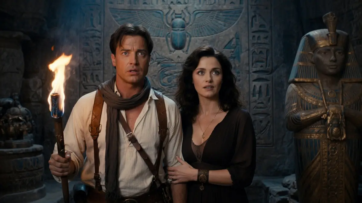 Brendan Fraser et Rachel Weisz explorent un temple égyptien dans une scène évoquant la Momie 4