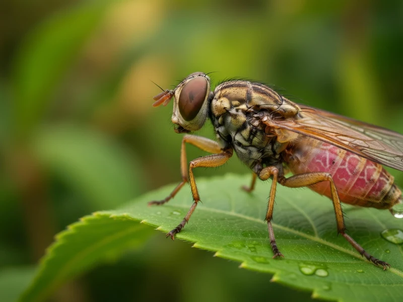 Une mouche tzetze est posée sur une feuille verte couverte de gouttes d'eau