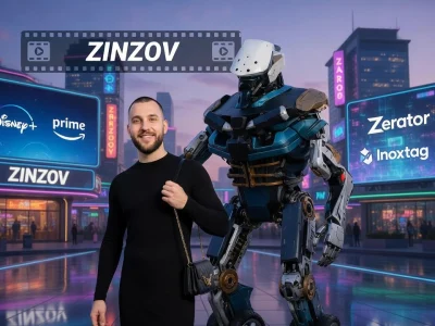 Un homme se tient près d'un robot dans une cité futuriste de Zinzov