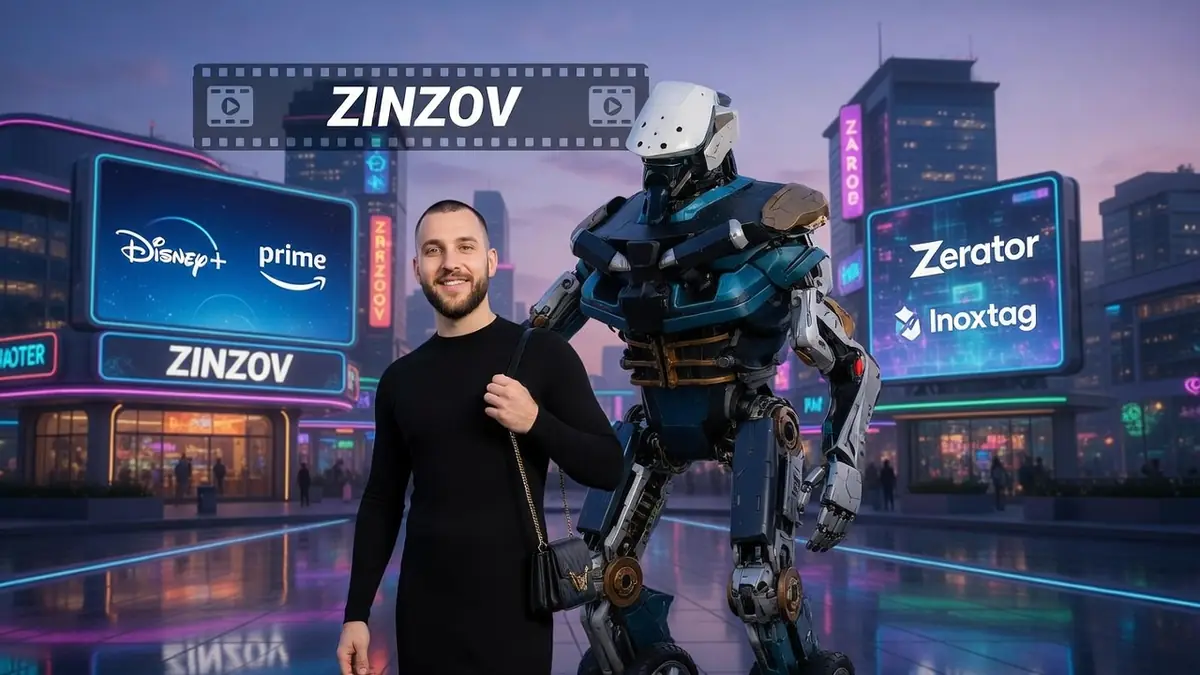 Un homme se tient près d'un robot dans une cité futuriste de Zinzov