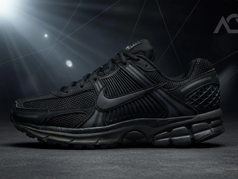 Une basket Nike Vomero 5 entièrement noire présentée sur un fond sombre avec un éclairage dramatique