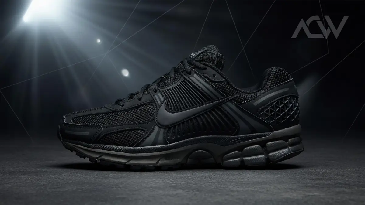 Une basket Nike Vomero 5 entièrement noire présentée sur un fond sombre avec un éclairage dramatique