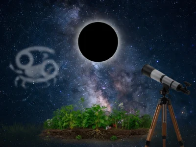 Observation de la nouvelle lune juillet 2026 avec un télescope sous un ciel étoilé et un jardin verdoyant
