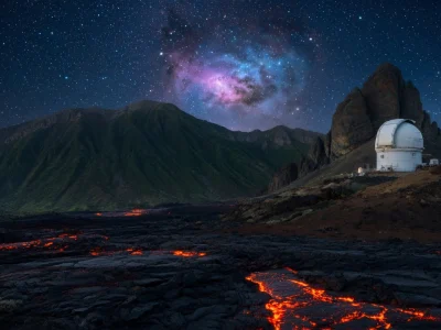 Paysage nocturne de La Palma avec un observatoire, des coulées de lave et la Voie lactée dans le ciel étoilé