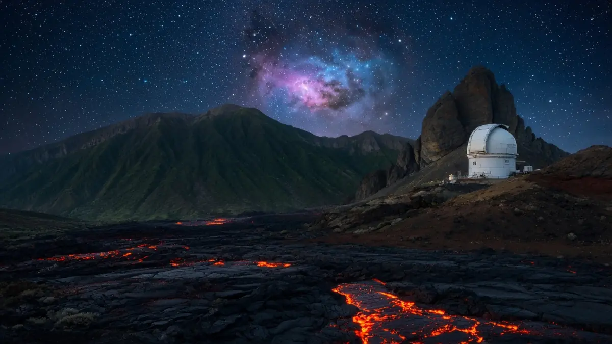 Paysage nocturne de La Palma avec un observatoire, des coulées de lave et la Voie lactée dans le ciel étoilé