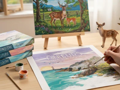 Une main utilise un pinceau pour réaliser une peinture numéros représentant un paysage côtier sur une table en bois