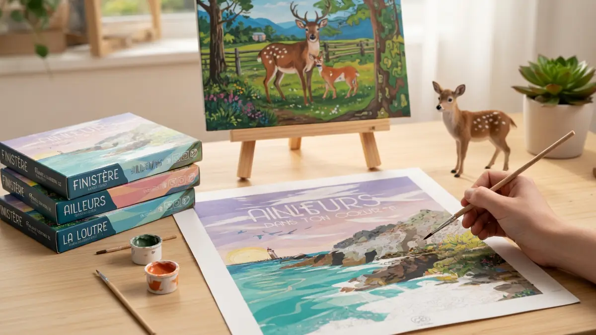 Une main utilise un pinceau pour réaliser une peinture numéros représentant un paysage côtier sur une table en bois