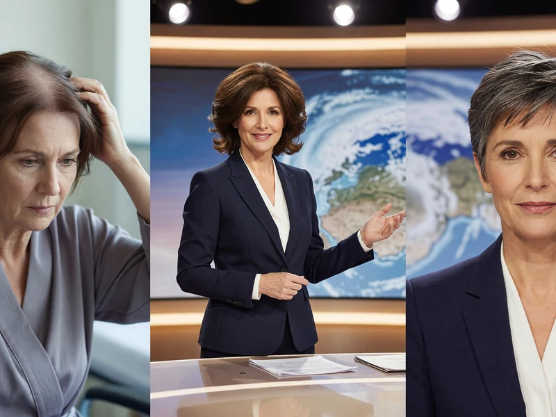 Montage de trois photos d'Evelyne Dhéliat perruque à différentes périodes de sa vie