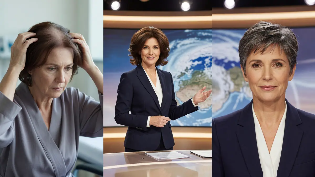 Montage de trois photos d'Evelyne Dhéliat perruque à différentes périodes de sa vie