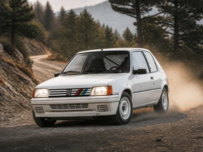 Une 205 Rallye blanche roule sur un chemin de terre en soulevant de la poussière