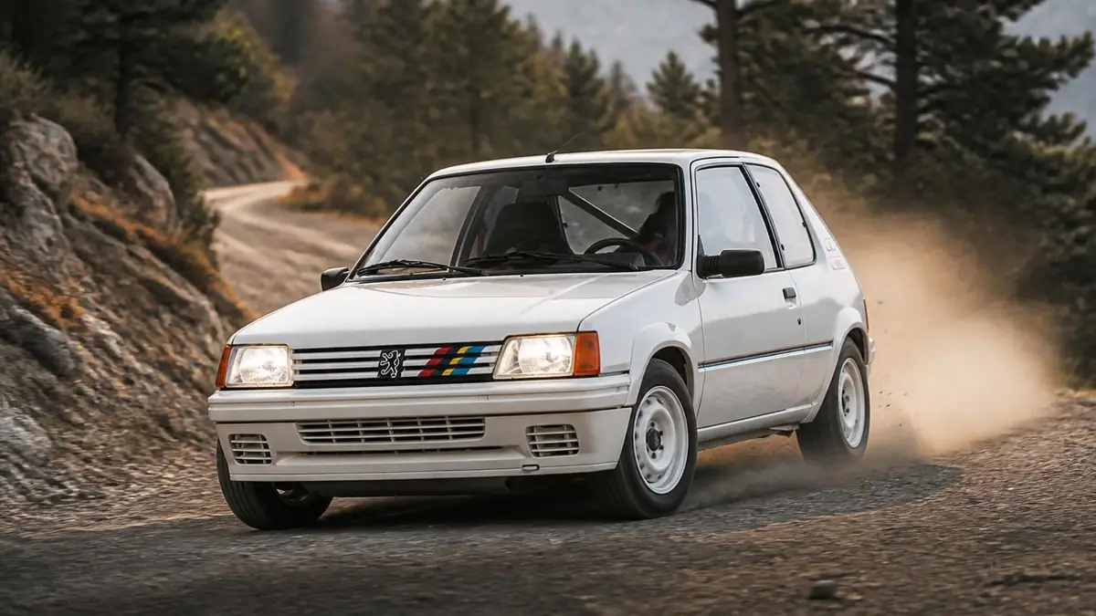 Une 205 Rallye blanche roule sur un chemin de terre en soulevant de la poussière