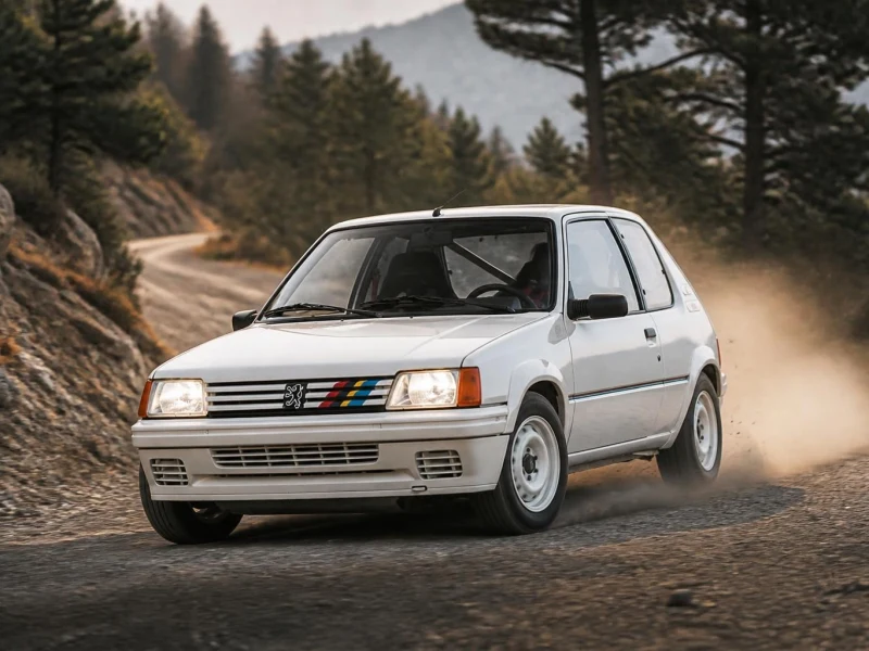 Une 205 Rallye blanche roule sur un chemin de terre en soulevant de la poussière