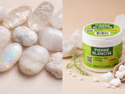 Des pierres lisses iridescentes accompagnent un pot de pierre blanche entouré de morceaux blancs et d'une pelle en bois