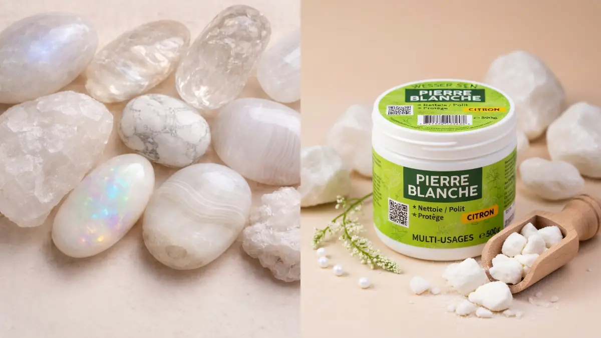 Des pierres lisses iridescentes accompagnent un pot de pierre blanche entouré de morceaux blancs et d'une pelle en bois