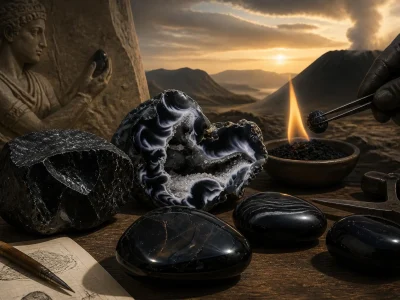 Des pierres onyx polies et une géode sont posées sur une table devant un paysage volcanique mystique