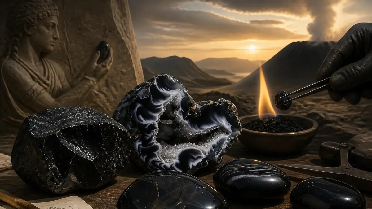 Des pierres onyx polies et une géode sont posées sur une table devant un paysage volcanique mystique