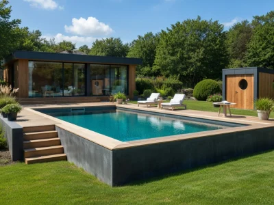 Belle piscine semi-enterrée avec terrasse en bois dans un jardin verdoyant devant une maison moderne