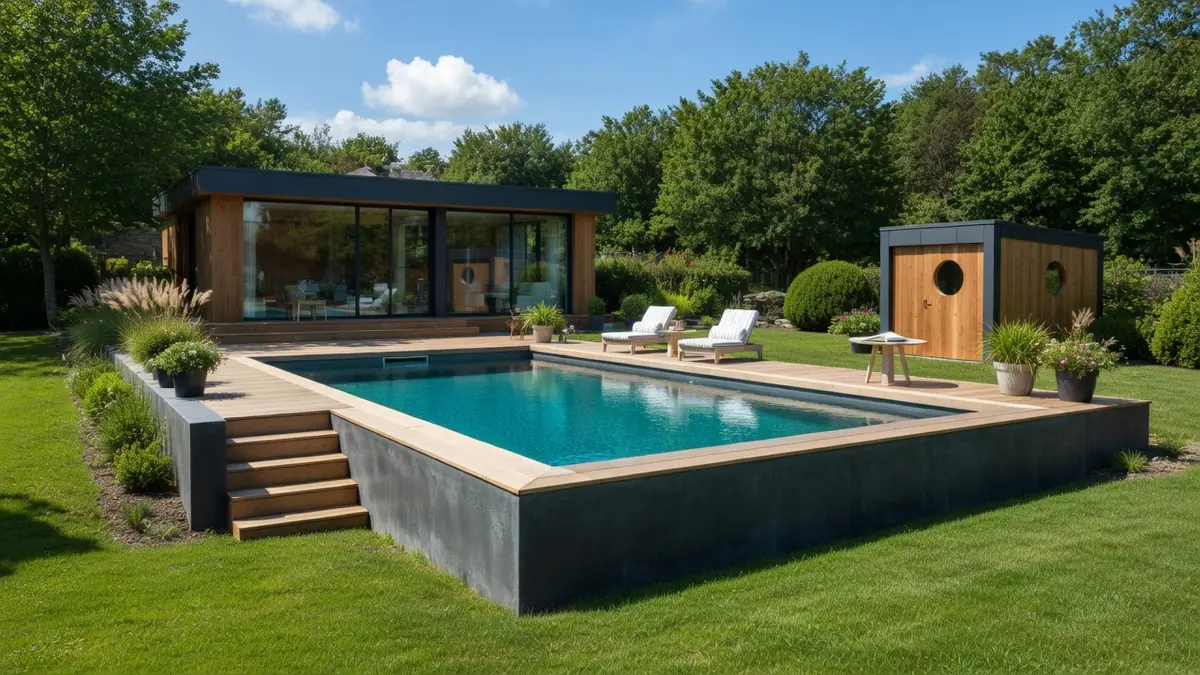 Belle piscine semi-enterrée avec terrasse en bois dans un jardin verdoyant devant une maison moderne