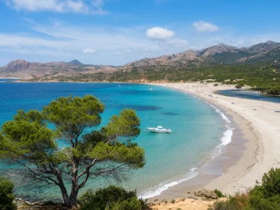 Vue imprenable sur la plage de L'Ostriconi Corse et ses eaux turquoise entourées de montagnes