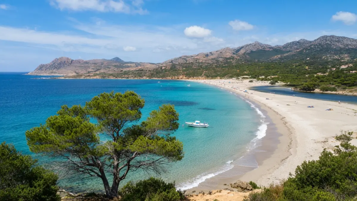 Vue imprenable sur la plage de L'Ostriconi Corse et ses eaux turquoise entourées de montagnes