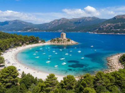 Vue aérienne de la plage de Pinarello dans une baie turquoise bordée de montagnes