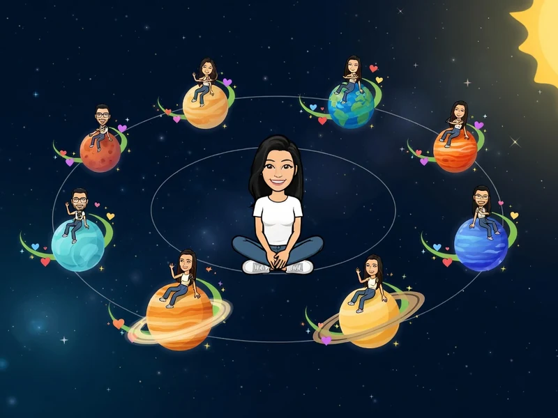 Une jeune femme assise au centre d'un système solaire peuplé d'avatars sur la planète Snap