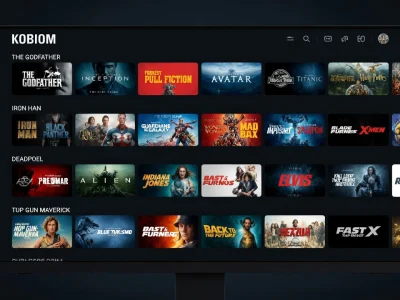 Un écran de télévision présente l'interface de streaming Kobiom avec des affiches de films