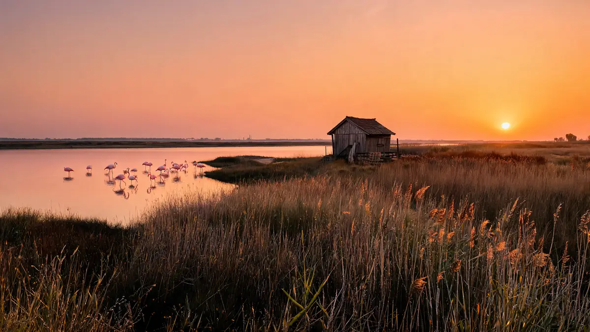 Vue sur la pointe du Salaison au coucher du soleil avec flamants roses et cabane en bois
